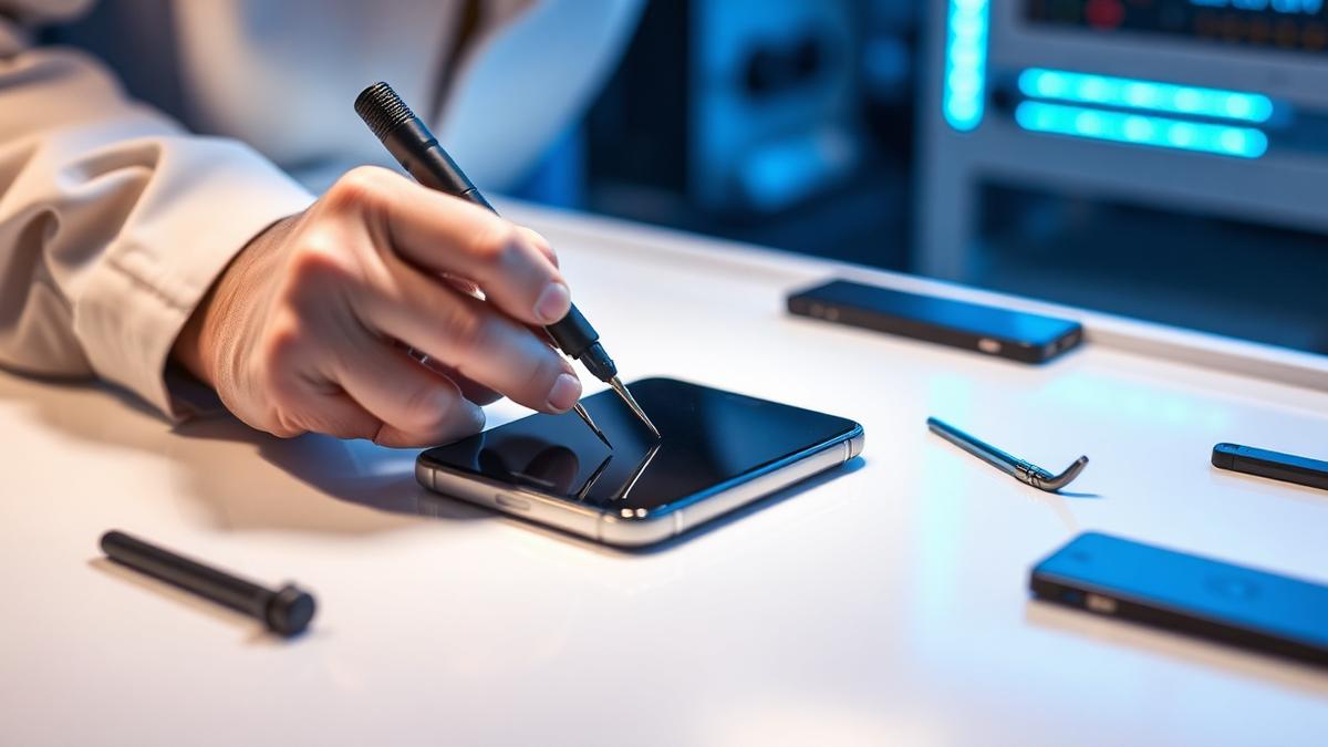 A technician carefully working on a device
