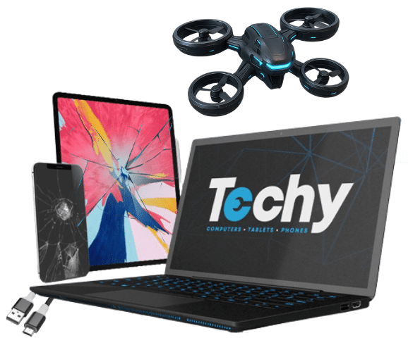 a laptop and a phone with a broken screen